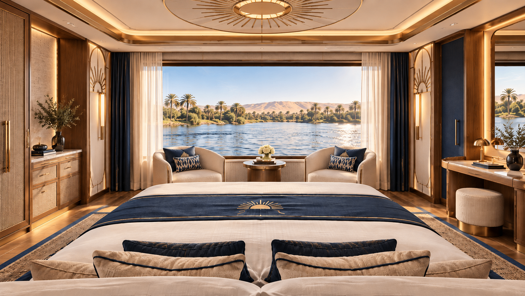 Nile-facing suite interior with a bed, seating area and panoramic river view