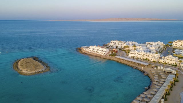 Aerial view of a Red Sea beach resort in Hurghada, Egypt