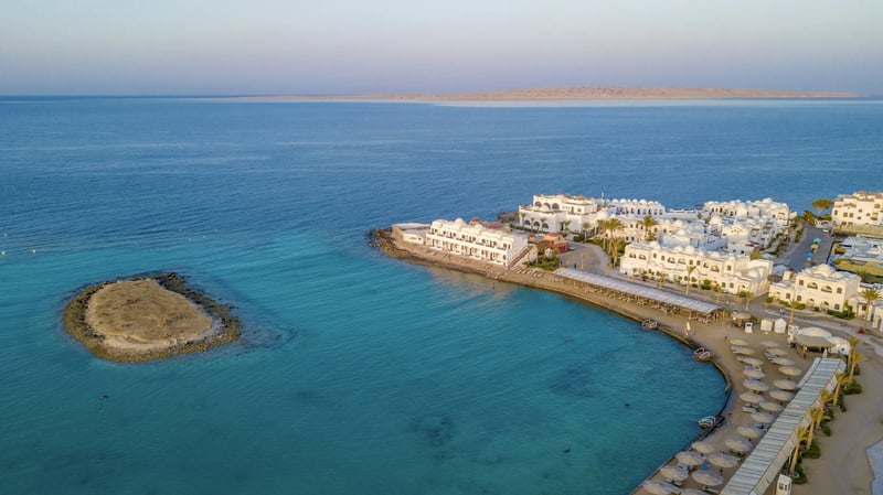 Aerial view of a Red Sea beach resort in Hurghada, Egypt