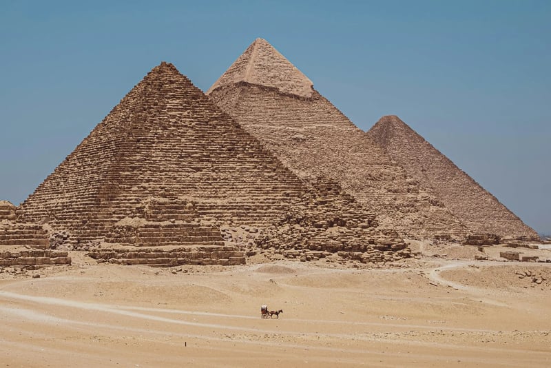 The Giza pyramid complex seen from the desert plateau, Egypt