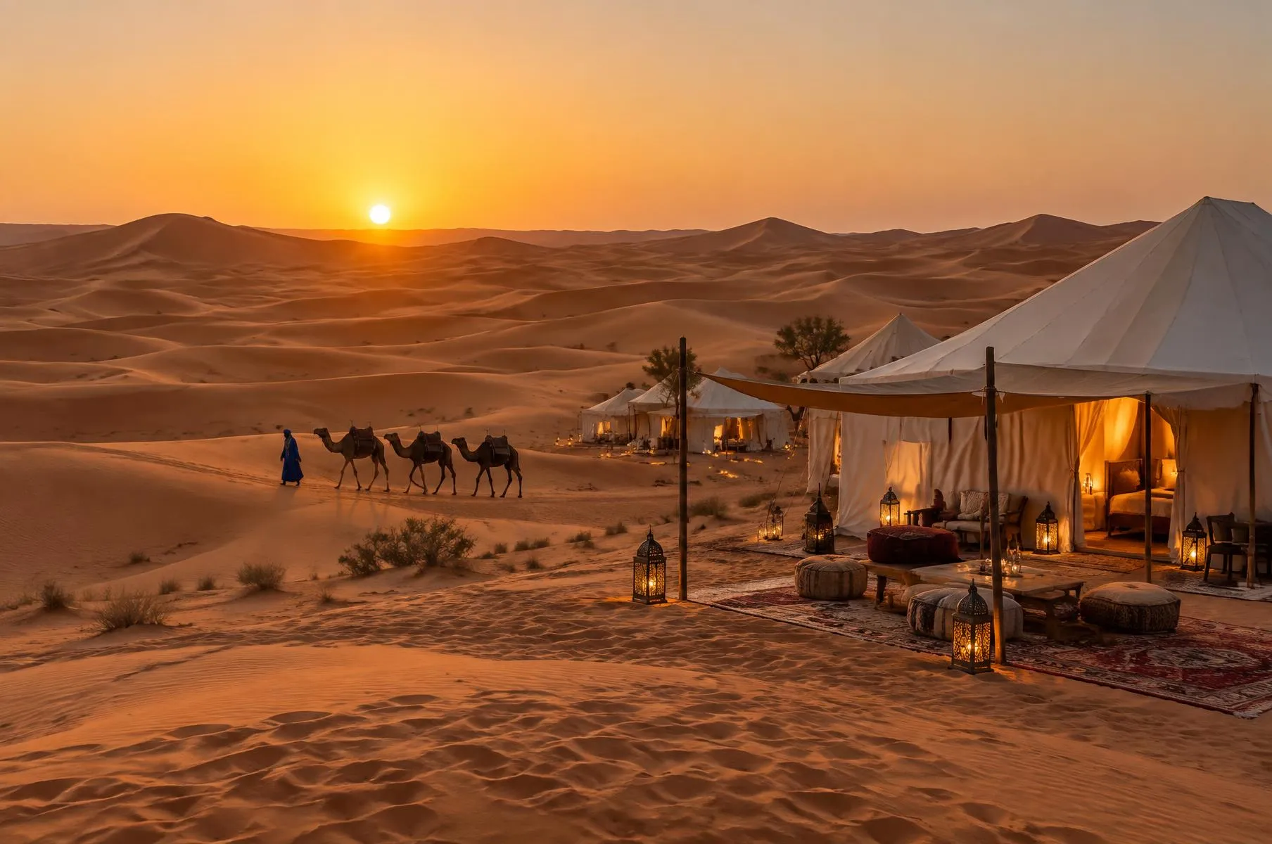 Saharan desert camp with glowing lanterns and camel caravan at sunset.
