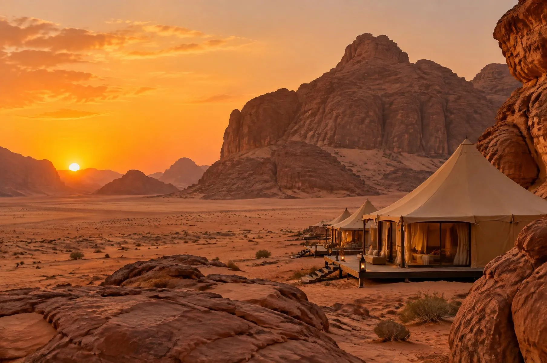 Campamento en el desierto de Wadi Rum y paisaje espectacular de arenisca al atardecer.