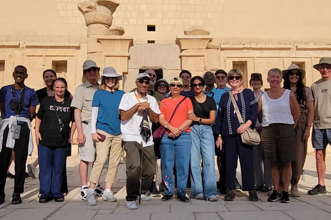 Nourbelle DMC tour group with their Egyptologist guide at the Temple of Hatshepsut, Luxor West Bank