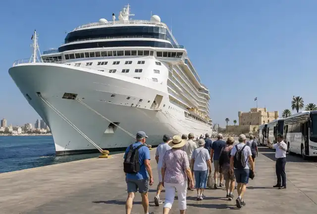Cruise guests walking to coaches at Alexandria port