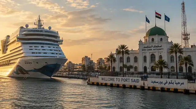 Cruise ship at Port Said beside the Suez Canal Authority building